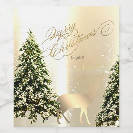 エレガントなスタイリッシュな松の木とクリスマスのトナカイ , 可愛らしい松の木と偽の金のトナカイが輝 ワインラベル (シングルラベル)