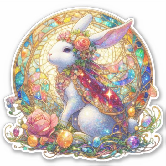 エレガントなステンドグラス アート・ヌーボー イースター ウサギ シール (正面)