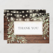 エレガントなストリングライトと自然な木のグリーン サンキューカード (正面/裏面)