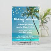 エレガントなストリングライト 熱帯のビーチ ウェディング 招待状 (スタンド正面)