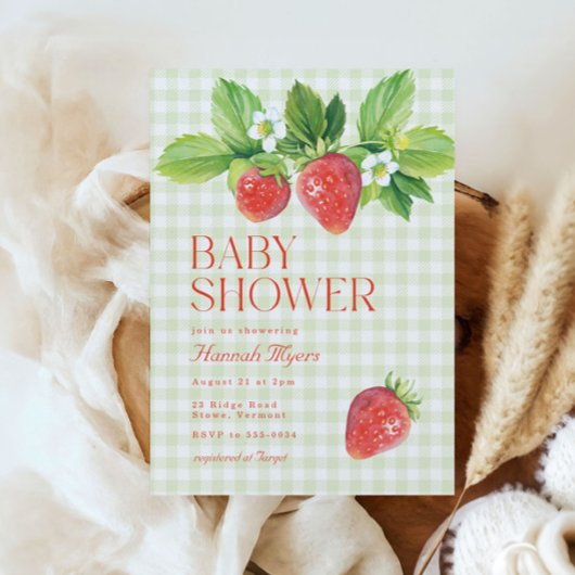 エレガントなストロベリー グリーン ギンガム ベイビー シャワー 招待状