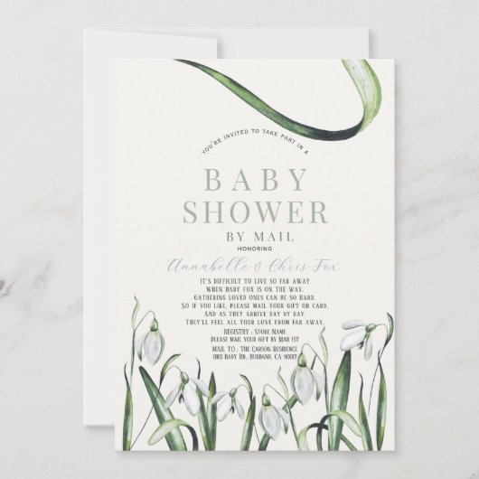 エレガントなスノードロップの水彩画 ベビーシャワー(郵送) 招待状 (正面)