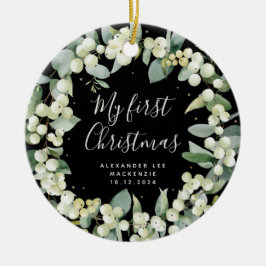エレガントなスノーベリーベイビーの初めてのクリスマス写真 セラミックオーナメント