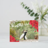 エレガントなスパニッシュローズ&レース Save The Date 赤/黒 案内ポストカード (スタンド正面)