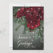 エレガントなスパークリング赤いバラと松のクリスマス シーズンカード (正面)