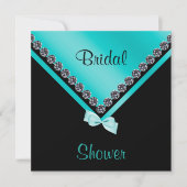 エレガントなスパークリー ダイヤモンド & ティール ボウ ブライダル シャワー 招待状 (正面)