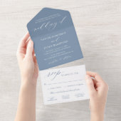 エレガントなスレートブルーのカリグラフィー結婚式 オールインワン招待状 (貼ってはがせる)