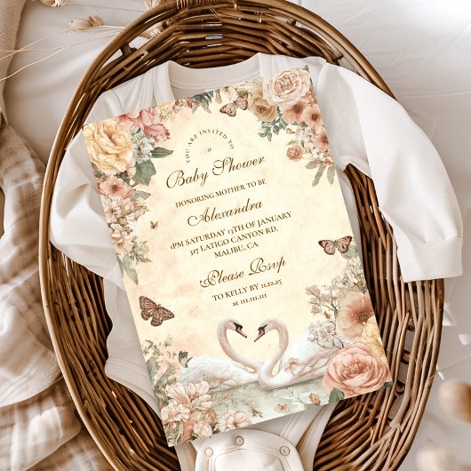 エレガントなスワン湖の花のベイビーシャワー 招待状