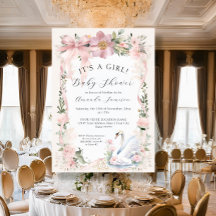 エレガントなスワン フラワーブラッシュ ピンク リボン ベビーシャワー