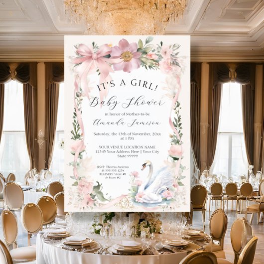 エレガントなスワン フラワーブラッシュ ピンク リボン ベビーシャワー 招待状