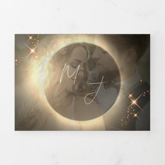 エレガントなセピア太陽の食 カスタム写真 ウェディング 三つ折り招待状 (カバー)