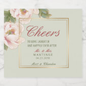 エレガントなセージグリーンとピンクの牡丹の花のウェディング スパークリングワインラベル (シングルラベル)