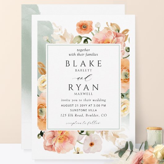 エレガントなセージグリーンとペーチの植物的なウェディング 招待状