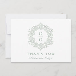エレガントなセージグリーンのクラシカルなクレストの結婚式 サンキューカード