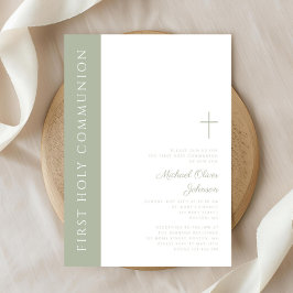 エレガントなセージグリーンのクロス ファースト ホーリー コミュニオン 招待状