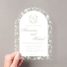 エレガントなセージグリーンのトワル・フラワーモノグラム アクリル招待状