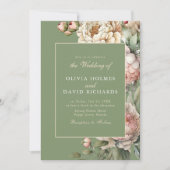 エレガントなセージグリーンのフラッシュペオニーのウェディング招待状 招待状 (正面)