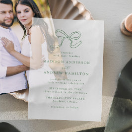 エレガントなセージグリーンのリボン 結婚式 ベラム紙招待状
