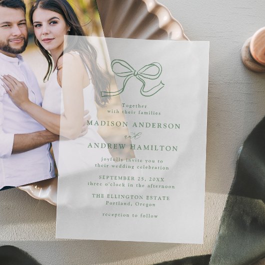 エレガントなセージグリーンのリボン 結婚式 ベラム紙招待状