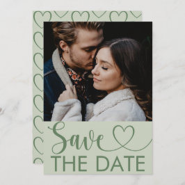 エレガントなセージグリーンの写真とハートのSave the Date セーブザデート