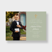 エレガントなセージグリーンの写真の少年、初めての聖体拝領 招待状