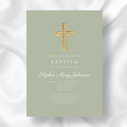 エレガントなセージグリーンの宗教的なクロスの女の子の洗礼式 招待状