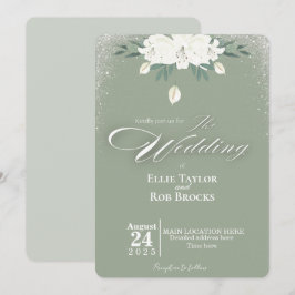 エレガントなセージグリーンの白い花の結婚式招待状 招待状