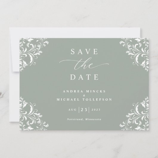 エレガントなセージグリーンの結婚式Save the Dateカード セーブザデート (正面)