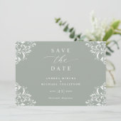 エレガントなセージグリーンの結婚式Save the Dateカード セーブザデート (スタンド正面)