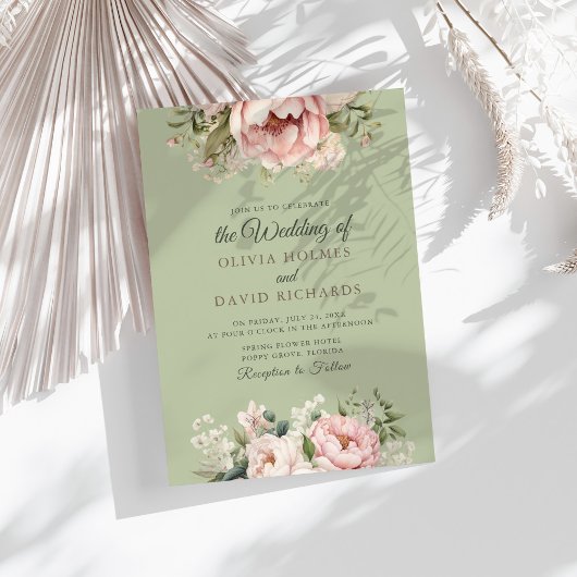 エレガントなセージグリーンの芍薬の花の結婚式招待状 招待状