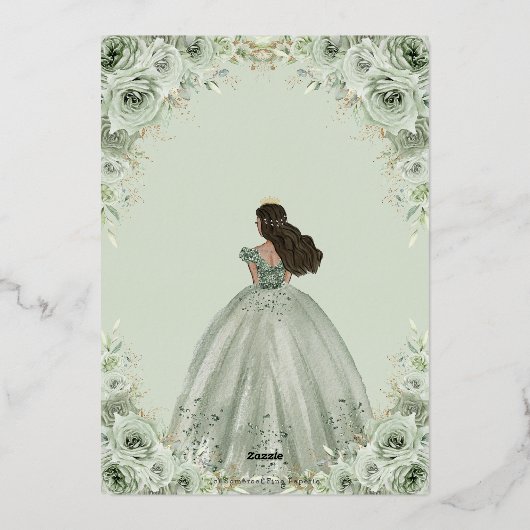 エレガントなセージグリーンの花のプリンセス クイーンズァネラ 箔招待状 (裏面)