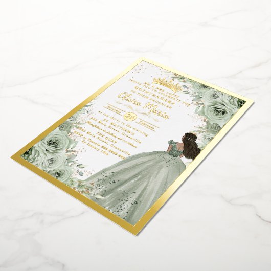エレガントなセージグリーンの花のプリンセス クイーンズァネラ 箔招待状 (回転した状態)