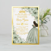 エレガントなセージグリーンの花のプリンセス クイーンセーニョーラ 箔招待状 (立ち正面)