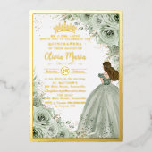 エレガントなセージグリーンの花のプリンセス ゴールドのキンセアニエラ 箔招待状 (正面)