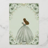 エレガントなセージグリーンの花のプリンセス ゴールドのキンセアニエラ 箔招待状 (裏面)