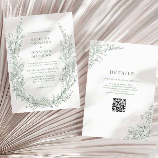 エレガントなセージグリーンの花のリースQRコードウェディング 招待状
