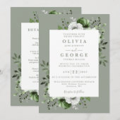 エレガントなセージグリーンの花柄オールインワン結婚式 招待状 (正面/裏面)
