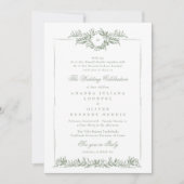 エレガントなセージグリーンの花輪 エッチフレーム 写真 ウェディング 招待状 (正面)