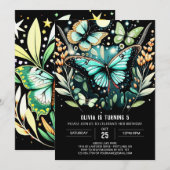 エレガントなセージグリーンの蝶の誕生日 招待状 (正面/裏面)