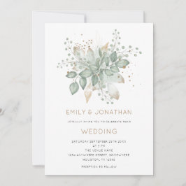 エレガントなセージグリーンゴールドの葉の結婚式招待状 招待状