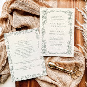 エレガントなセージグリーン オールインワン ヴィンテージウェディング 招待状