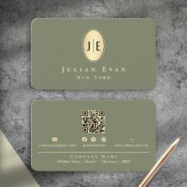 エレガントなセージグリーン＆ゴールドの輝くオーバルモノグラム 名刺