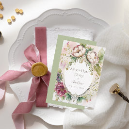 エレガントなセージグリーン ロマンチックなルーストスタイルの結婚式「Save The Date」カー セーブザデート