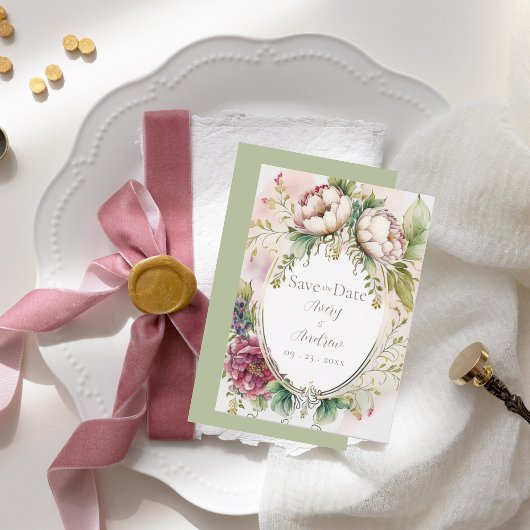 エレガントなセージグリーン ロマンチック ルージュ サンキチ 保存日 セーブザデート