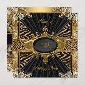 エレガントなゼブラ ゴールド レオパード 50歳の誕生日パーティー 招待状 (正面/裏面)