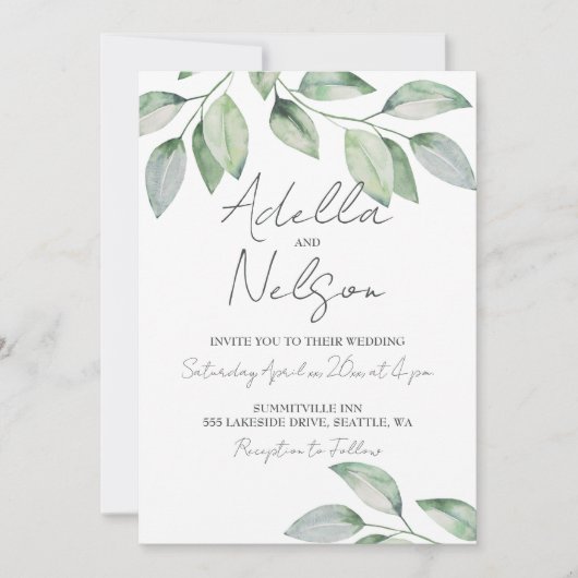 エレガントなソフトグリーンの葉のウェディング 招待状 (正面)