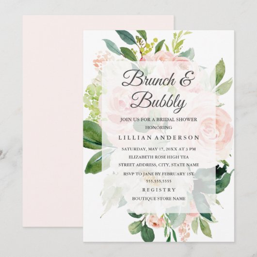 エレガントなソフトピンクの花咲くブランチとバブル 招待状 (正面/裏面)