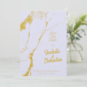 エレガントなソフトラベンダー＆ゴールドマーブル Save the Date 招待状 (スタンド正面)