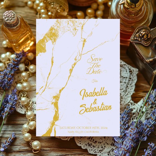 エレガントなソフトラベンダー＆ゴールドマーブル Save the Date 招待状