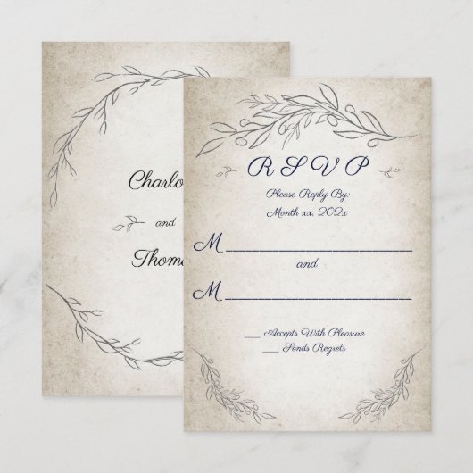 エレガントなソフトリーフ ウェディングRSVPカード 出欠カード (正面/裏面)